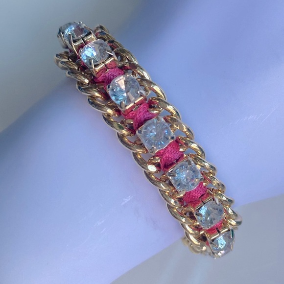 Elegant Gold and Pink Rhinestone Chain Bracelet - Picture 3 of 5